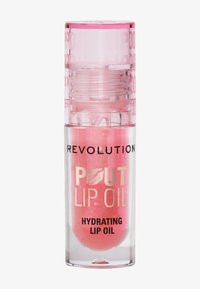 En klar tube med rosa fuktighetsgivende leppeolje, med svart og gull tekst "Revolution Pout Lip Oil" og et rosa gjennomsiktig lokk.