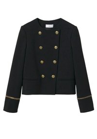 Veste noire à double boutonnage avec six boutons dorés et détails de bordure dorée aux poignets, dotée d’un col rond et de deux poches fendues à l'avant.