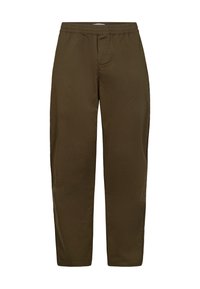 Oliven grønn bukser lavet af letvægtsstof, med elastisk talje, tapered ben og minimalistisk design uden synlige mønstre.