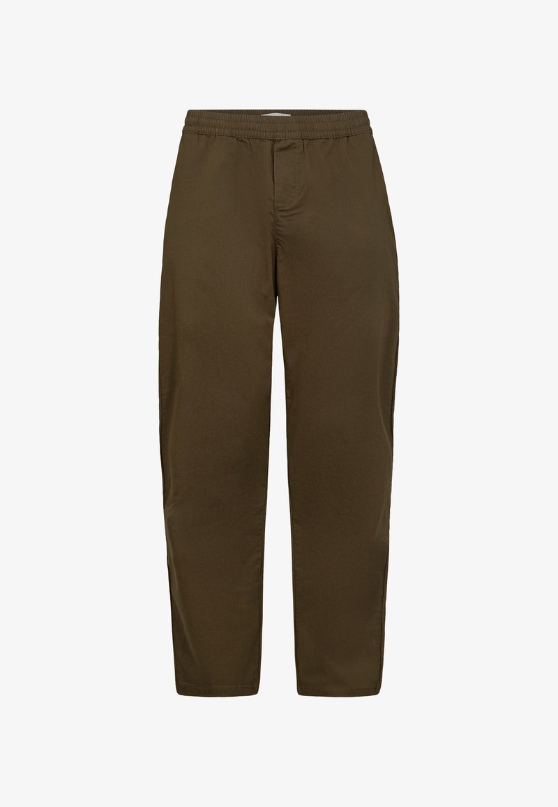 Oliven grønn bukser lavet af letvægtsstof, med elastisk talje, tapered ben og minimalistisk design uden synlige mønstre.