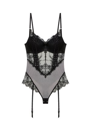 Body de encaje negro con tirantes ajustables, copas con aros incorporados, intrincados patrones florales de encaje y tirantes para ligas integrados.