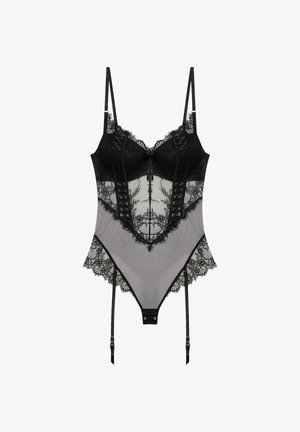 Schwarzer Bodysuit aus Spitze mit verstellbaren Trägern, integrierten Bügel-Cups, filigranen floralen Spitzenmustern und angebrachtem Strapshalter.