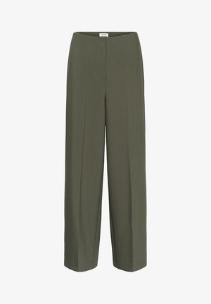 Olive green, wide-leg trousers with a smooth texture, featuring a high waist and front crease. Minimalist design, no visible pockets or embellishments.