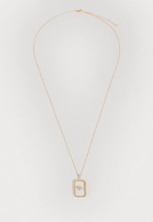 Gold-tone necklace with a rectangular pendant featuring a gray heart-shaped element. Chain has a delicate texture and adjustable length.