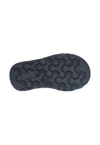 Suela de zapato de goma negra con un patrón de tread hexagonal, que presenta costillas para tracción y una zona de talón lisa. Acabado texturizado en toda la superficie.
