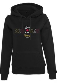 Felpa nera con cappuccio, dotata di tasca frontale e coulisse, con il testo colorato "MICKEY", una grafica di Topolino e il logo "Disney 1928".
