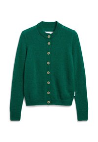 Groene gebreide cardigan met lange mouwen en acht knopen aan de voorkant, voorzien van een ronde halslijn en geribbelde manchetten en zoom.