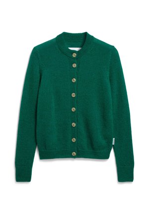 Green knitted cardigan with long sleeves and eight front buttons, featuring a round neckline and ribbed cuffs and hem.