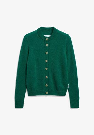 Green knitted cardigan with long sleeves and eight front buttons, featuring a round neckline and ribbed cuffs and hem.