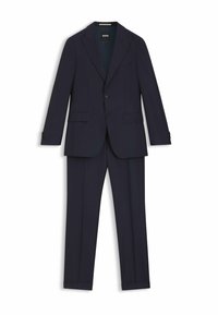 Marineblauer Anzug mit maßgeschneiderter Passform, strukturierter Innenfütterung, einreihigem Sakko und flach verarbeitetem Vorderteil bei der Hose. Verfügt über zwei Vordertaschen und Knopfdetails.