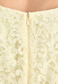 Robe en dentelle de couleur jaune pâle, ornée de motifs floraux complexes, avec une fermeture éclair centrale et une surface texturée avec un éclat subtil.