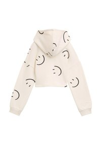 Forkortet hoodie i off-white stof med sort smiley-ansigt mønster. Har en hætte og lange ærmer med ribbede manchetter. Enkel, afslappet design.