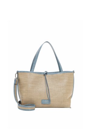 Beige kudottu kangaskassi vaaleansinisellä nahkareunuksella, kaksinkertaisilla kahvoilla ja irrotettavalla olkahihnalla, jossa pieni etutaskun logotunniste.