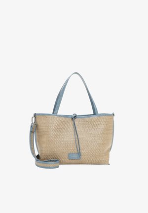 Beige kudottu kangaskassi vaaleansinisellä nahkareunuksella, kaksinkertaisilla kahvoilla ja irrotettavalla olkahihnalla, jossa pieni etutaskun logotunniste.