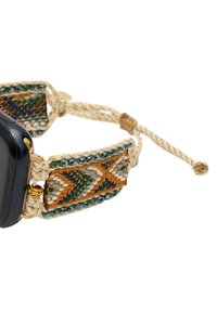 Smartwatch med svart urtavla och en flätad rem med gröna, gyllene och vita mönster, dekorerad med pärlor och en justerbar knut.