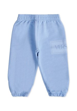 Lichtblauwe sweatpants met een elastische tailleband en gerimpelde boorden, met een subtiele geprinte "VERS" logo op één been. Gladde stoftextuur.