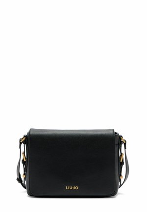 Black leather crossbody bag with a textured finish, gold hardware accents, and logo detail. Features an adjustable strap and rectangular shape.