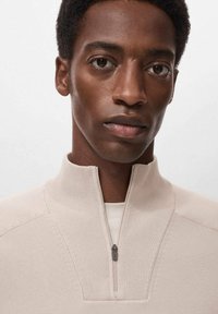 Beige zip-neck pullover made of textured knit fabric; features a short zipper, seam detailing, and a fitted silhouette.