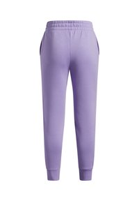 Lila joggers i mjukt material med elastisk midja, sidofickor, mudd vid bensluten och en slät yta.