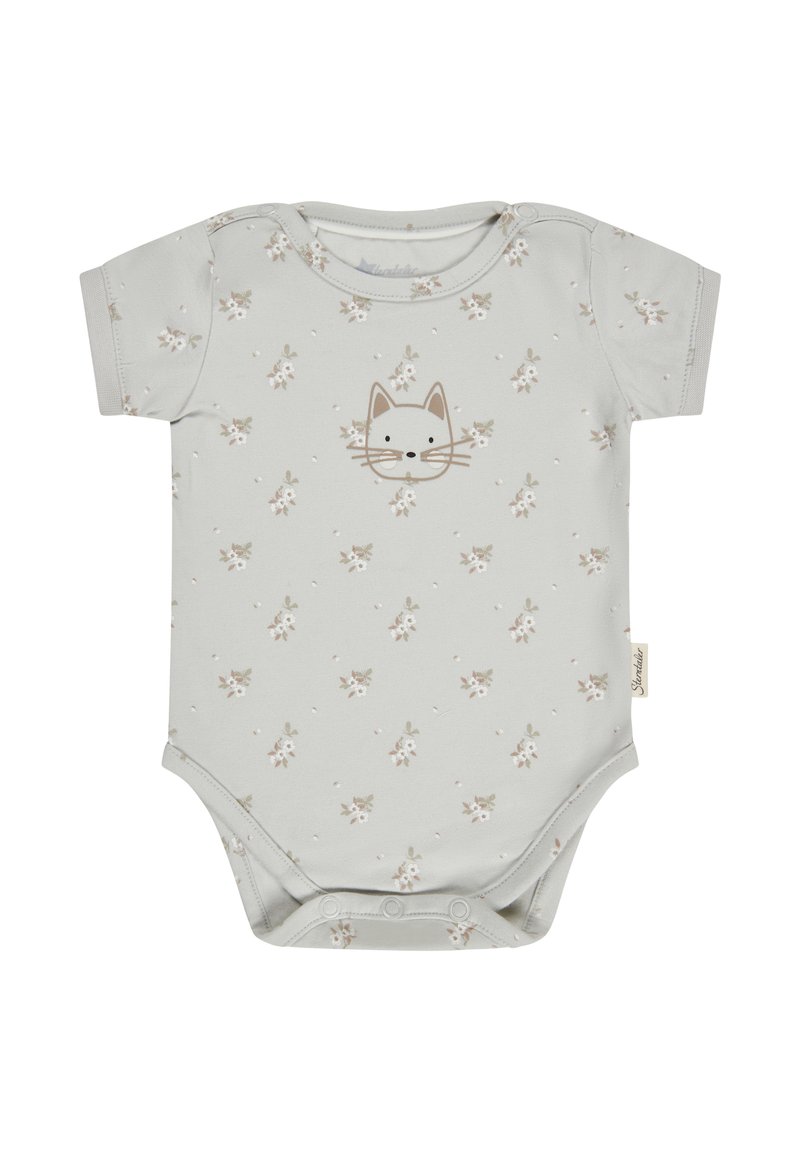 Helles graues Baby-Bodysuit mit einem Katzen-Gesichtsdruck und floralen Mustern. Kurze Ärmel und Druckknöpfe im unteren Bereich. Weiche Stofftextur.