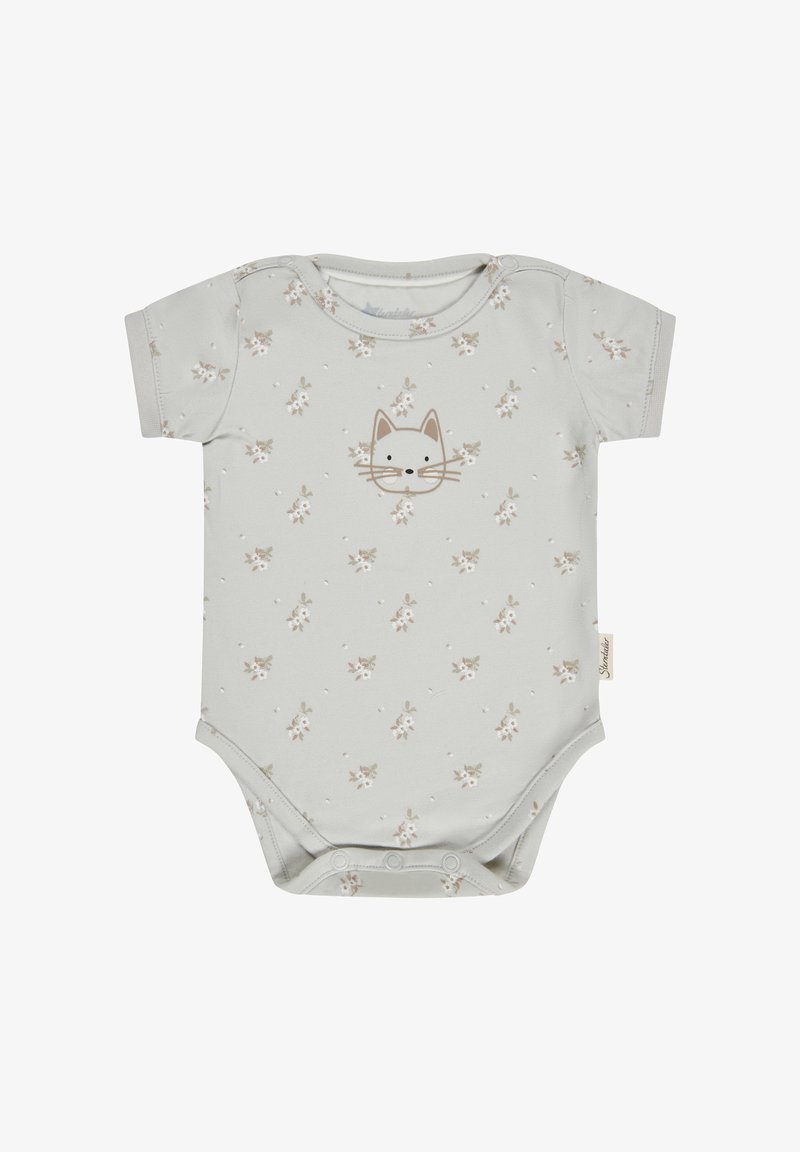 Helles graues Baby-Bodysuit mit einem Katzen-Gesichtsdruck und floralen Mustern. Kurze Ärmel und Druckknöpfe im unteren Bereich. Weiche Stofftextur.