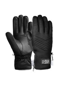 Black gloves made of leather and fabric, featuring a zippered cuff, quilted accents, and a snug elastic wrist for warmth and fit.