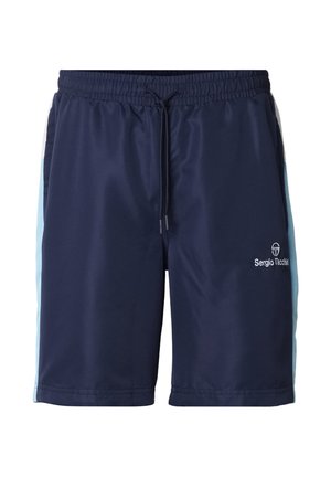 Pantaloncini sportivi blu navy con pannelli laterali azzurri, vita elastica con coulisse e logo bianco Sergio Tacchini sulla gamba destra.