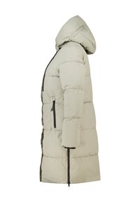 Manteau rembourré beige clair avec capuche, présentant une fermeture éclair et deux poches latérales. Le tissu a une texture douce et lisse avec des coutures.