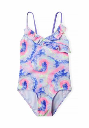 Jednoczęściowy kostium kąpielowy w pastelowym wzorze tie-dye w odcieniach niebieskiego, różowego i fioletowego. Posiada falbany na ramionach oraz cienkie ramiączka.