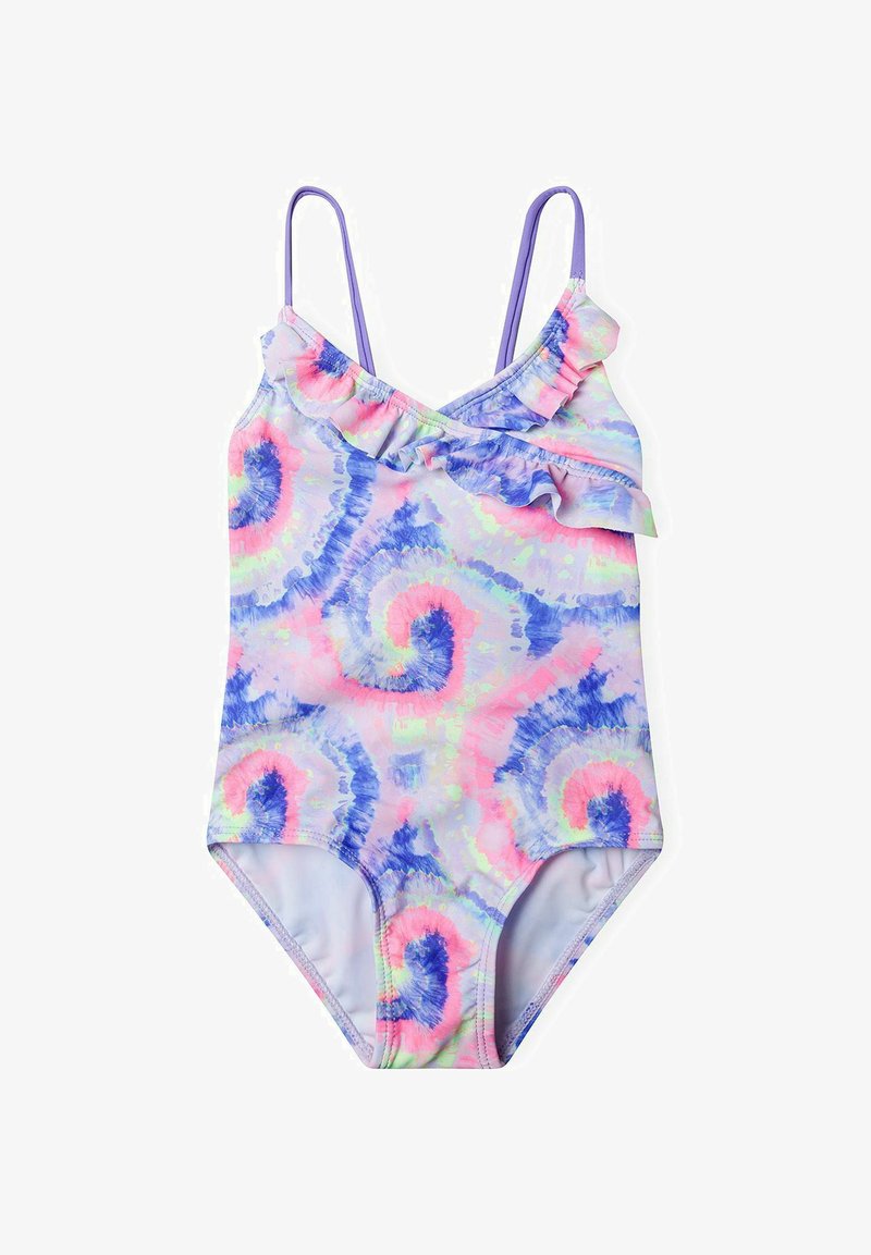 Enodelna kopalna obleka s pastelnim tie-dye vzorcem v modri, roza in vijolični barvi. Ponuja volanasto ramo in tanke naramnice.