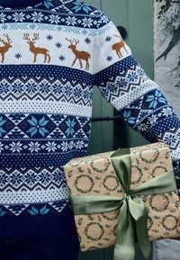 Personne portant un pull de Noël bleu et blanc avec des motifs de rennes et de flocons de neige, tenant un cadeau enveloppé dans du papier à motifs de couronnes avec un ruban vert.