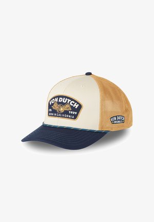 Casquette de baseball avec visière bleu marine, panneau avant crème, arrière en mesh beige, avec patch brodé "Von Dutch 1929 Born in California."