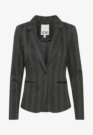 Gray blazer with vertical white pinstripes, tailored fit, notched lapels, single button closure, and two front pockets. Brand label visible inside.