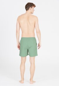 Gröna badbyxor i lättviktstyg, med elastiskt midjeband och sidofickor, visade bakifrån mot en vit bakgrund.