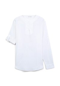 Camicia bianca a maniche lunghe con scollatura a V, patta con tre bottoni e polsini arrotolati. Tessuto morbido con vestibilità rilassata e orlo arrotondato.