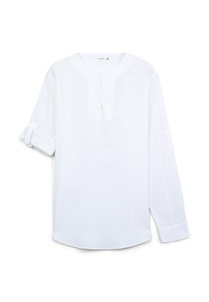 Camicia bianca a maniche lunghe con scollatura a V, patta con tre bottoni e polsini arrotolati. Tessuto morbido con vestibilità rilassata e orlo arrotondato.