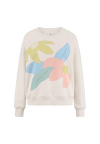 Kerim sweatshirt dengan cetakan bunga berwarna-warni yang menampilkan bentuk kuning, pink, dan biru. Kerah dan hem berpola rib, tekstur lembut.