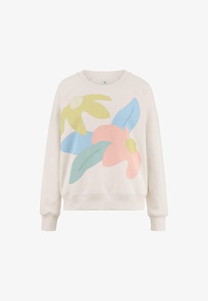 Kerim sweatshirt dengan cetakan bunga berwarna-warni yang menampilkan bentuk kuning, pink, dan biru. Kerah dan hem berpola rib, tekstur lembut.