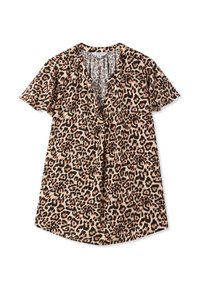 Blusa a maniche corte in un tessuto color sabbia con motivo leopardato. Presenta un profondo scollo a V e una vestibilità comoda. Orlo arrotondato.