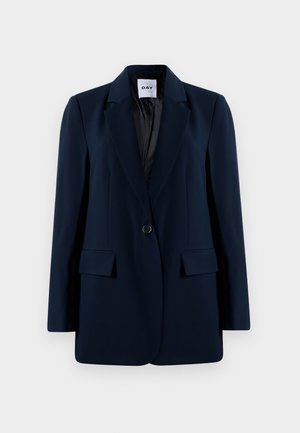 Temno modra krojena blazer jakna iz gladkega materiala, z razrezanim ovratnikom, enim gumbom za zapiranje in dvema žepoma z preklopom.