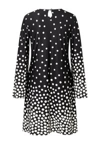 Schwarzes Kleid mit langen Ärmeln, das ein weißes Pünktchenmuster aufweist, einen runden Ausschnitt hat und einen Schlüssellochverschluss am Rücken besitzt.