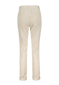 Beige corduroy bukser med lige ben, der har en elastisk talje, to baglommer og opsmøgede stykker. Teksturområde med lodrette linjer.