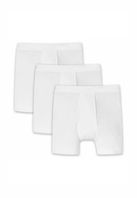 Three pairs of white cotton boxer briefs with a soft texture, featuring a seamless waist and a functional fly.