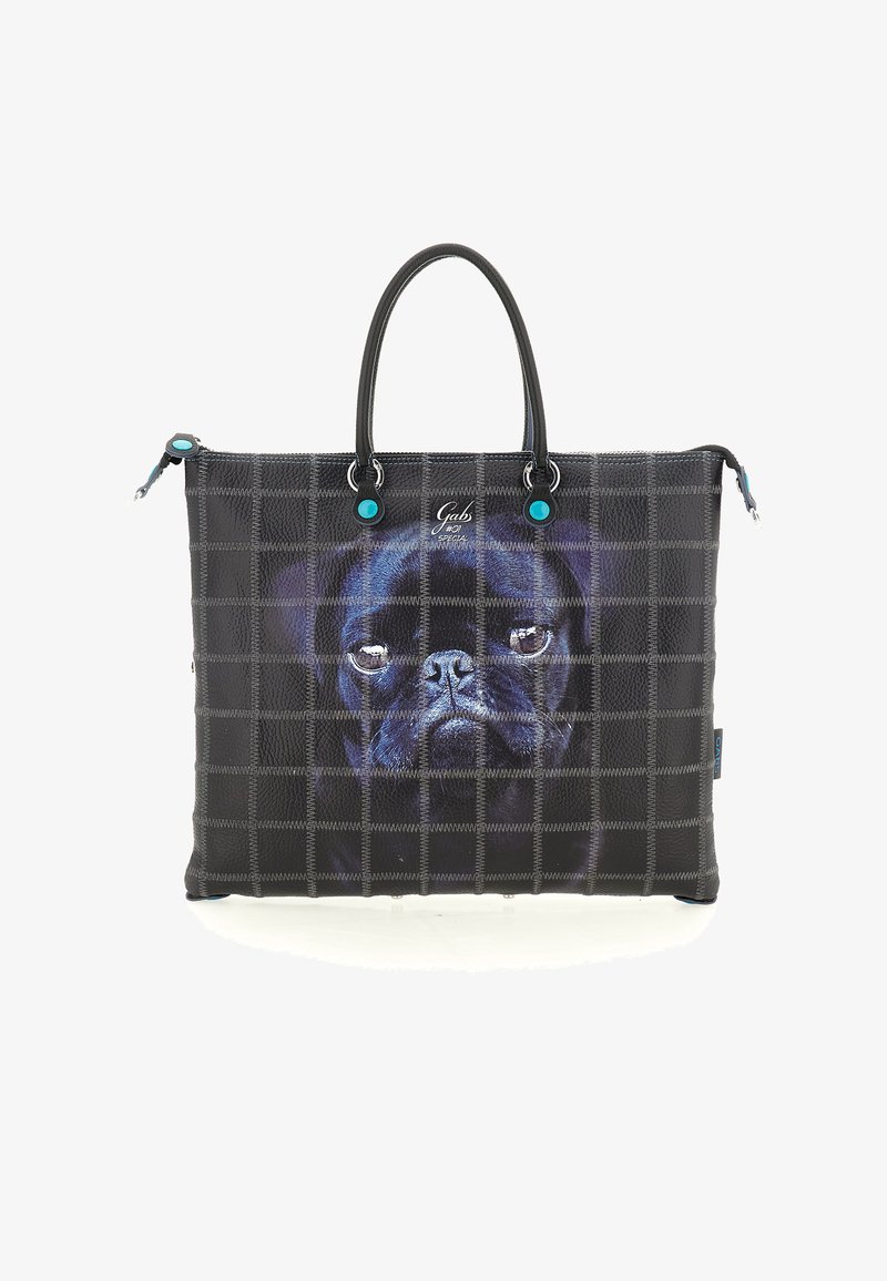 Borsa a tracolla a quadri neri con una grande stampa realistica del volto di un bulldog francese nero e due manici neri con dettagli blu.