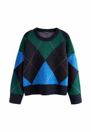 Crewneck sweater with green, blue, and black argyle pattern and pink stitched lines, featuring ribbed cuffs and hem.