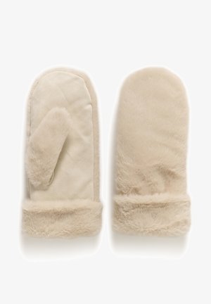 Soft beige fur mittens with folded fur cuffs, showing one palm-side and one back-side view on a white background.