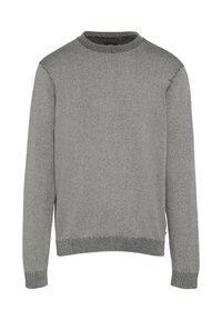 Grauer gestrickter Pullover mit Rundhalsausschnitt, gerippten Bündchen und Saum. Bietet eine strukturierte Oberfläche für zusätzlichen интерес.