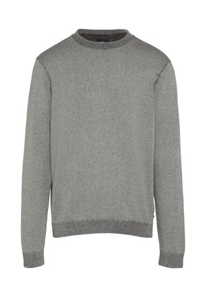 Grauer gestrickter Pullover mit Rundhalsausschnitt, gerippten Bündchen und Saum. Bietet eine strukturierte Oberfläche für zusätzlichen интерес.