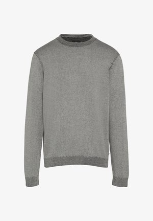 Grauer gestrickter Pullover mit Rundhalsausschnitt, gerippten Bündchen und Saum. Bietet eine strukturierte Oberfläche für zusätzlichen интерес.
