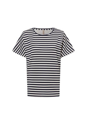 Gestreiftes kurzärmliges T-Shirt mit navyblauen und weißen horizontalen Streifen, Rundhalsausschnitt und weicher Stofftextur.
